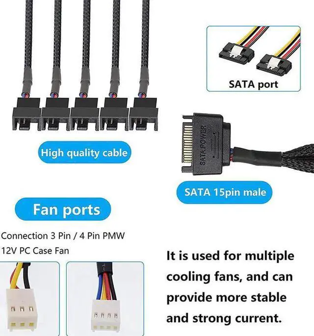Alt view image 3 of 4 - SATA to 3 Pin 4 Pin Fan Sleeved Power Splitter Cable Adapter,15Pin SATA to 5 x TX3 / TX4 (PWM) 12V PC Case Fan Cooler Y Splitter Power Extension Cord - 10 Inch,Black