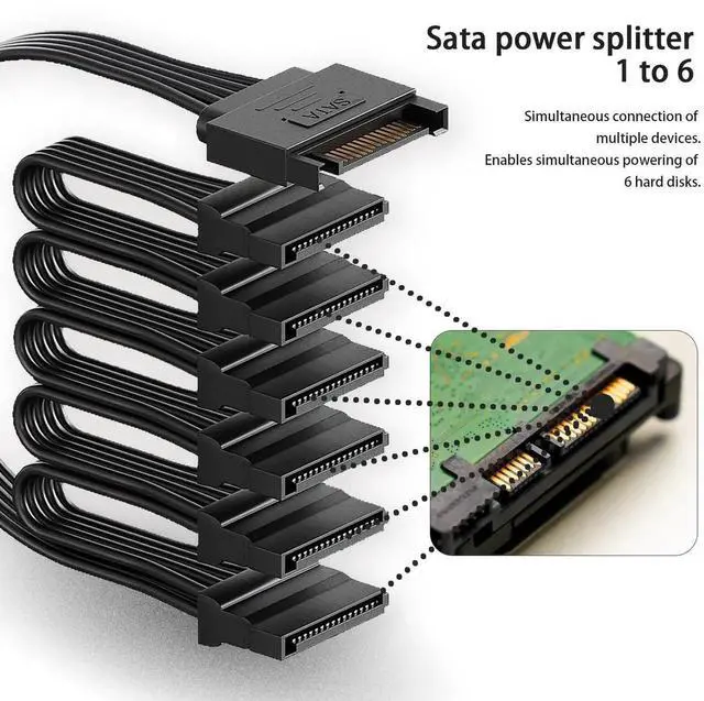 Alt view image 3 of 7 - sata Power Splitter Cable 6 Way, 15 Pin SATA to 6 for HDDSSDOptical Drives, sata Power Connector Supply Extension Cable, Black