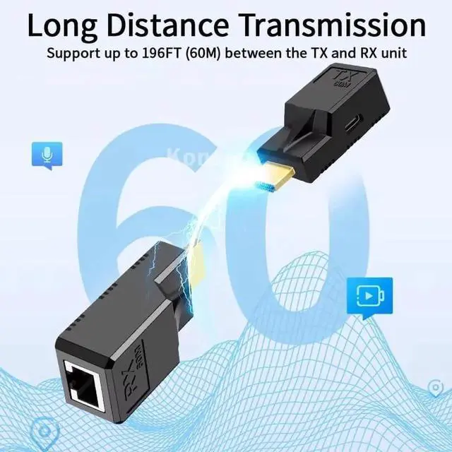 Alt view image 6 of 7 - 196FT HDMI Extender Over Single Ethernet Cat5e/6 Cable, Support Audio Video UHD 1080P@60Hz, HDMI Male to Male RJ45 Network LAN Extender 60M Converter Repeater, for HDTV, PC, PS3/4, Monitor