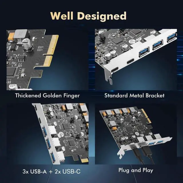 Alt view image 5 of 7 - PCIE to USB 3.2 Gen2 10G Expansion Card, 5 Port 3X USB Type-A and 2X Type-C Ports, Self-Powered, USB3.2 Hub Controller Adapter for Windows 10/11