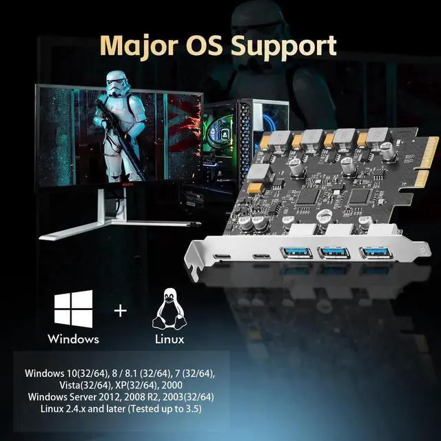 Alt view image 7 of 7 - PCIE to USB 3.2 Gen2 10G Expansion Card, 5 Port 3X USB Type-A and 2X Type-C Ports, Self-Powered, USB3.2 Hub Controller Adapter for Windows 10/11