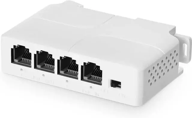 Main image of PoE Passthrough Switch, 1 PoE in 3 PoE Out Extender, IEEE802.3af/at PoE Powered, 100Mbps Ethernet, din-Rail & Wall Mount