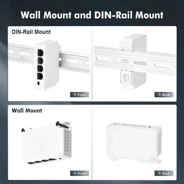 Alt view image 5 of 7 - PoE Passthrough Switch, 1 PoE in 3 PoE Out Extender, IEEE802.3af/at PoE Powered, 100Mbps Ethernet, din-Rail & Wall Mount
