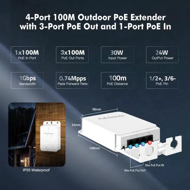 Alt view image 6 of 7 - Outdoor PoE Passthrough Switch - 1 In 3 Out Extender, IEEE802.3af/at Powered, 100Mbps Ethernet, Wall Mount Waterproof Plug and Play