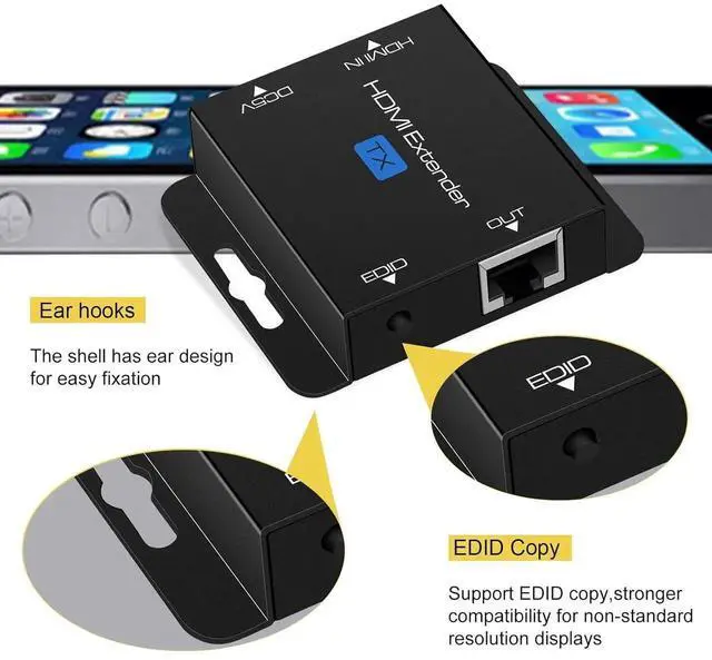 Alt view image 5 of 6 - HDMI Extender Over Single Cat6 Ethernet up to 200Ft Repeater Balun Transmitter Receiver Power on Cat Support Full 1080p 3D HDCP EDID Copy from Displays