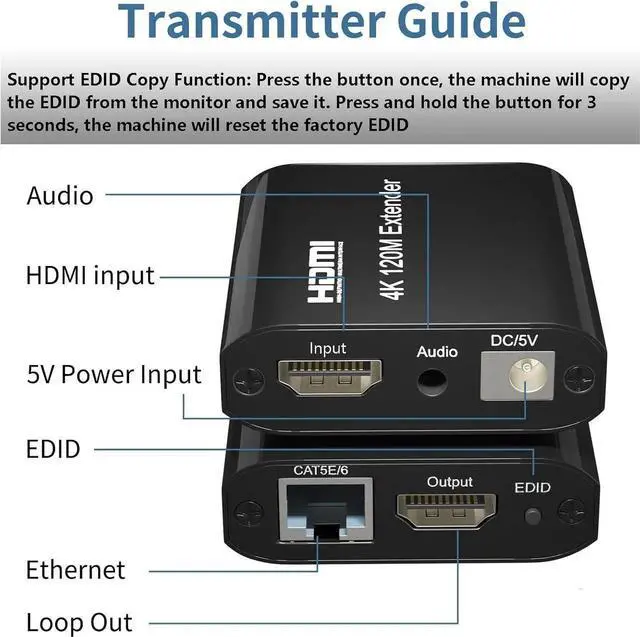 Alt view image 4 of 7 - 120m/395ft HDMI Extender - 4K@60Hz UHD HDMI Ethernet Extender Over Cat5e/6/7 Cable with Audio & Loop Out, HDCP 1.2 Support