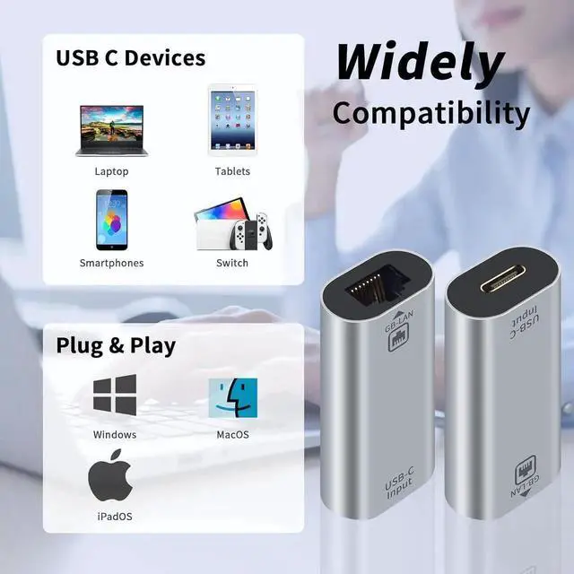 Alt view image 4 of 6 - USB C to RJ45 Ethernet Adapter Gigabit, RJ45 Female to USB C Female Adapter, Up to 1000/100/10Mbps Ethernet LAN Network Adapter Compatible for iPad, MacBook Pro, 1Pack