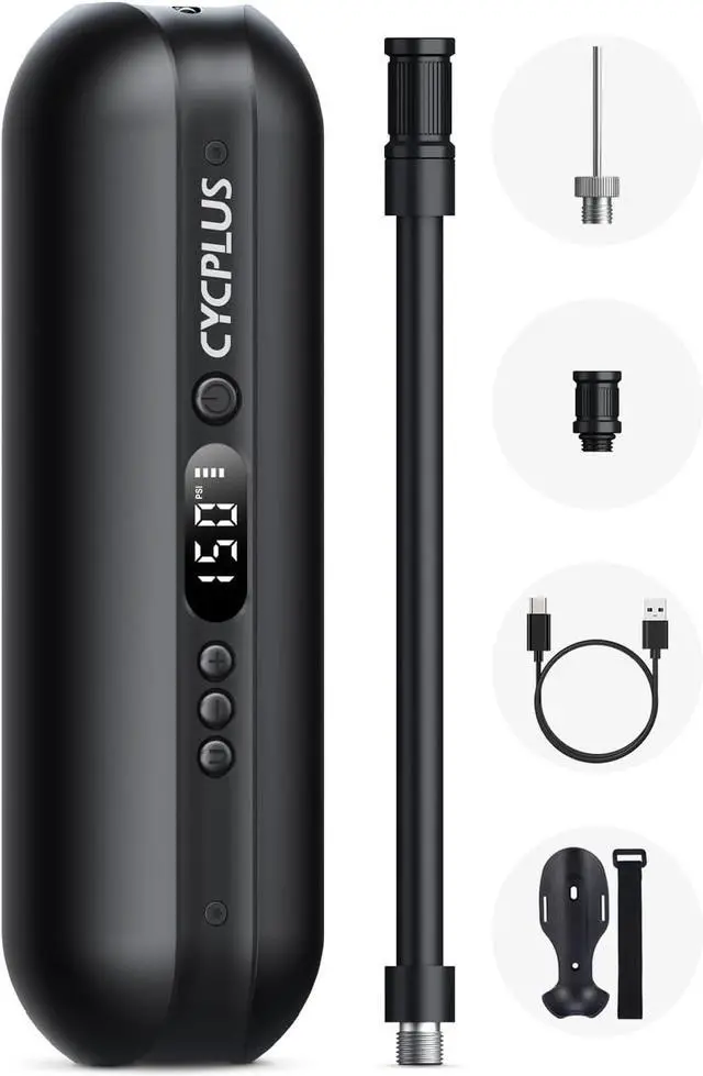 Main image of CYCPLUS Electric Air Compressor Portable Bicycle Pump Car Tire Inflator, Max 150 PSI, Auto Shut-Off Air Pump with Presta and Schrader Valves for All Bicycles Motorcycles and Cars