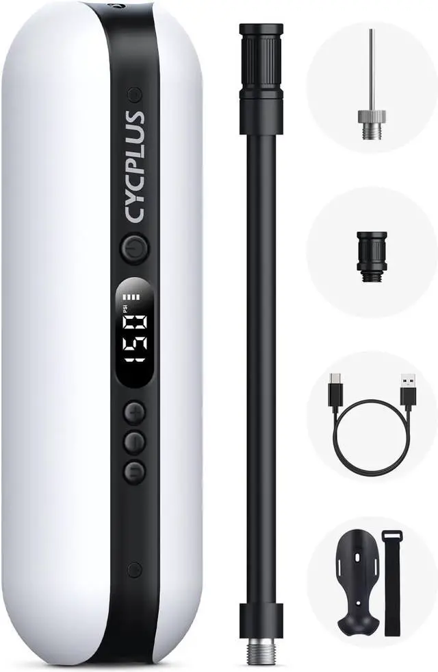 Main image of CYCPLUS Electric Air Compressor Portable Bicycle Pump Car Tire Inflator, Max 150 PSI, Auto Shut-Off Air Pump with Presta and Schrader Valves for All Bicycles Motorcycles and Cars