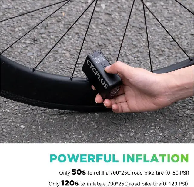 Alt view image 3 of 7 - CYCPLUS Tiny Bicycle Pump with Gauge, Max 120 PSI Electric Mini Pump | Auto Stop | with Presta and Schrader Valve | for E-Bike, MTB, and Road Bike | AS2 PRO | 2025 Updated Version