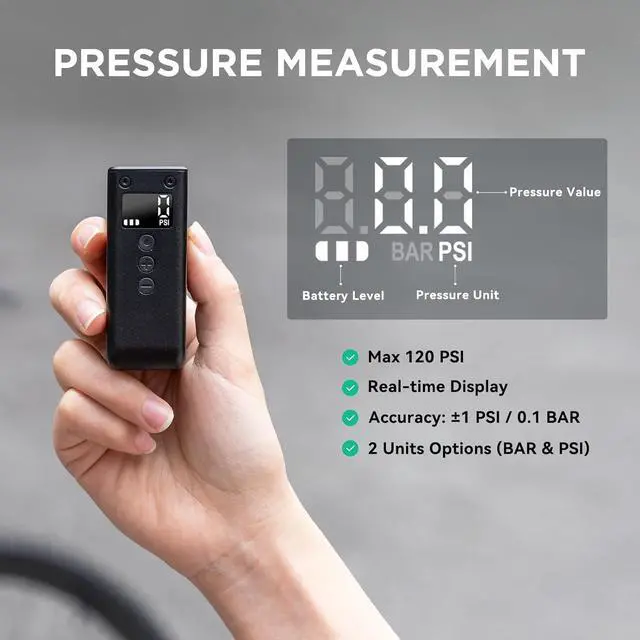 Alt view image 2 of 7 - CYCPLUS Tiny Bicycle Pump with Gauge, Max 120 PSI Electric Mini Pump | Auto Stop | with Presta and Schrader Valve | for E-Bike, MTB, and Road Bike | AS2 PRO | 2025 Updated Version