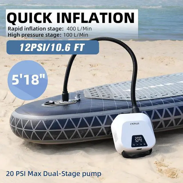 Alt view image 2 of 7 - CYCPLUS 20PSI High Pressure Smart SUP Air Pump, Rechargeable Battery-Powered, Intelligent Dual Stage Inflation & Deflation, Auto-Off Air Pump for Stand Up Paddle Boards,Surfing Kite, Tent, Mattress