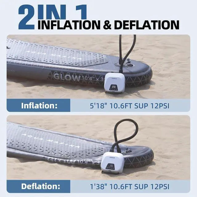 Alt view image 5 of 7 - CYCPLUS 20PSI High Pressure Smart SUP Air Pump, Rechargeable Battery-Powered, Intelligent Dual Stage Inflation & Deflation, Auto-Off Air Pump for Stand Up Paddle Boards,Surfing Kite, Tent, Mattress