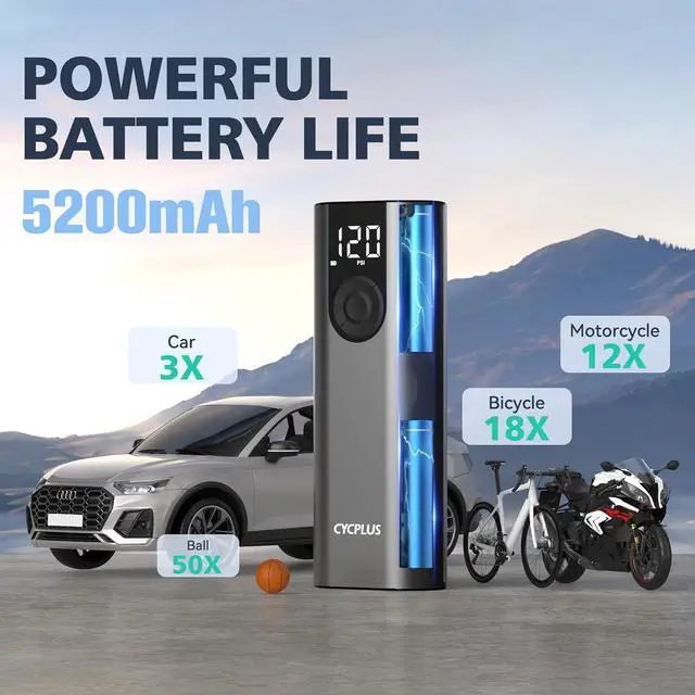 Alt view image 3 of 7 - CYCPLUS Bicycle Pump Portable Car Tire Pump,Max 150 PSI, Auto Shut-Off Air Pump with Presta and Schrader Valves Smart Air Inflator Mini Air Compressor for Car Bicycle Motorcycle and Balls