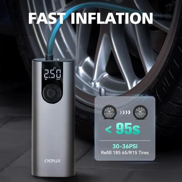 Alt view image 2 of 7 - CYCPLUS Bicycle Pump Portable Car Tire Pump,Max 150 PSI, Auto Shut-Off Air Pump with Presta and Schrader Valves Smart Air Inflator Mini Air Compressor for Car Bicycle Motorcycle and Balls