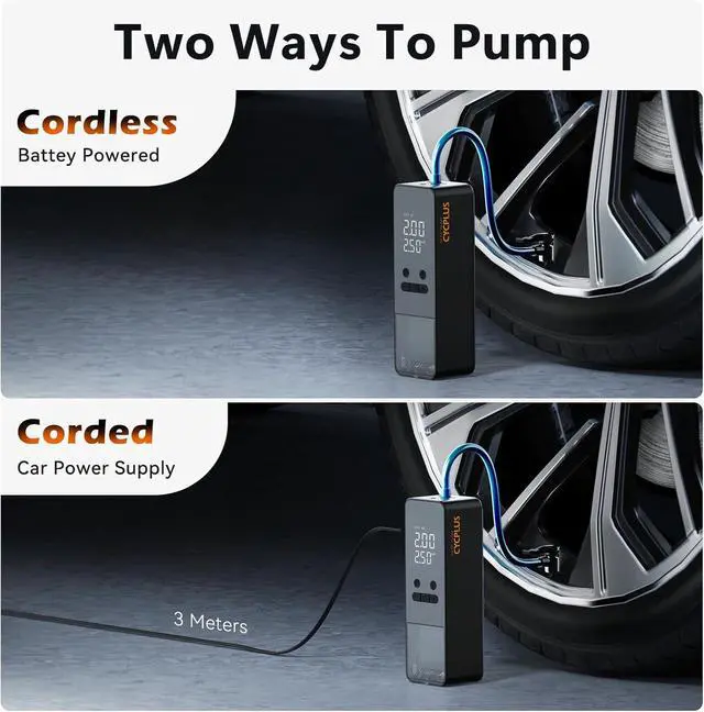 Alt view image 6 of 7 - CYCPLUS Tire Inflator Portable Air Compressor - 150PSI Cordless Air Pump with Digital Tire Pressure Gauge, Auto Shut Off, DC/AC 2-in-1 for Car/Motorcycle/E-Bike/Ball