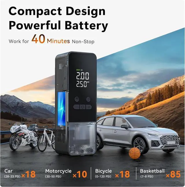 Alt view image 3 of 7 - CYCPLUS Tire Inflator Portable Air Compressor - 150PSI Cordless Air Pump with Digital Tire Pressure Gauge, Auto Shut Off, DC/AC 2-in-1 for Car/Motorcycle/E-Bike/Ball