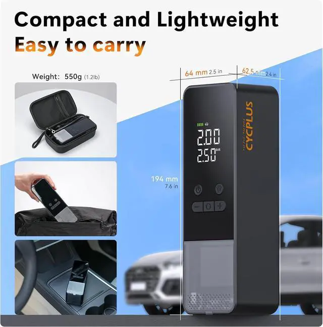 Alt view image 7 of 7 - CYCPLUS Tire Inflator Portable Air Compressor - 150PSI Cordless Air Pump with Digital Tire Pressure Gauge, Auto Shut Off, DC/AC 2-in-1 for Car/Motorcycle/E-Bike/Ball