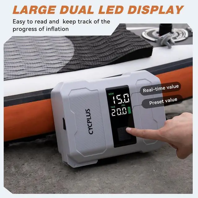 Alt view image 3 of 7 - CYCPLUS 20PSI Rechargeable Paddleboard Pump - Intelligent Fast Dual-Stage Inflation, Deflation Function, Auto-Off &Dual LED Display, Suitable for Stand-Up Paddleboard, Inflatable Boat Tent Mattress