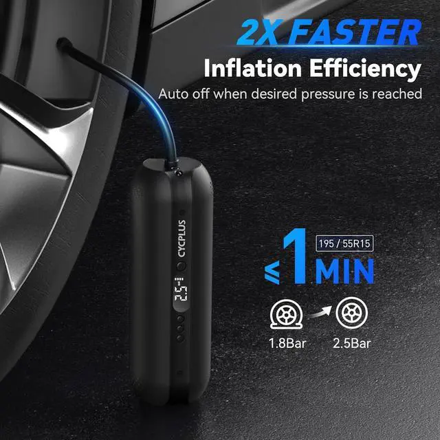 Alt view image 2 of 7 - CYCPLUS Tire Inflator Portable Air Compressor - 150PSI Cordless Air Pump with Digital Tire Pressure Gauge, Accurate LCD Display & LED Light, DC/AC 2-in-1 for Car/Motorcycle/E-Bike/Ball(2025 Version)