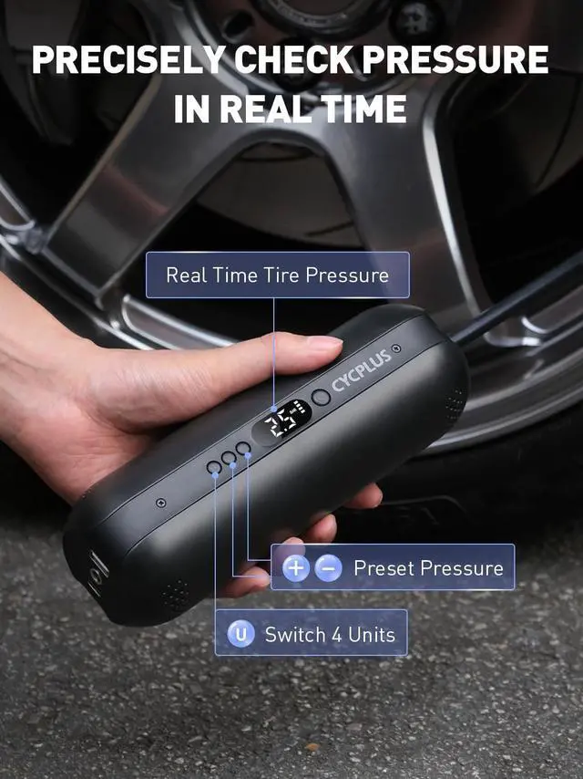Alt view image 7 of 7 - CYCPLUS Tire Inflator Portable Air Compressor - 150PSI Cordless Air Pump with Digital Tire Pressure Gauge, Accurate LCD Display & LED Light, DC/AC 2-in-1 for Car/Motorcycle/E-Bike/Ball(2025 Version)