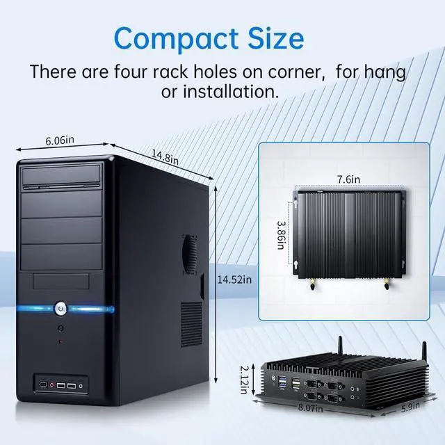 Alt view image 7 of 7 - Industrial PC, Fanless Mini Computer with Core i7-8550U, 16G RAM 512G SSD, Dual 2.5G LAN, 6*COM RS232, Support Wake On LAN/Auto Power On, Wi-Fi 6, 1*HDMI 1*VGA, Windows 11 Pro