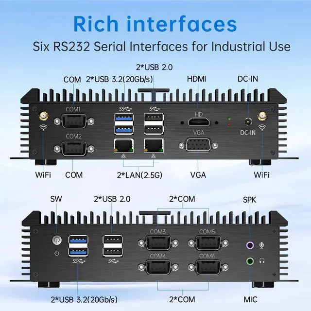 Alt view image 5 of 7 - Industrial PC, Fanless Mini Computer with Core i7-8550U, 16G RAM 256G SSD, Dual 2.5G LAN, 6*COM RS232, Low Power, Support Wake On LAN/Auto Power ON, Wi-Fi 6, 1*HDMI 1*VGA, Windows 11 Pro