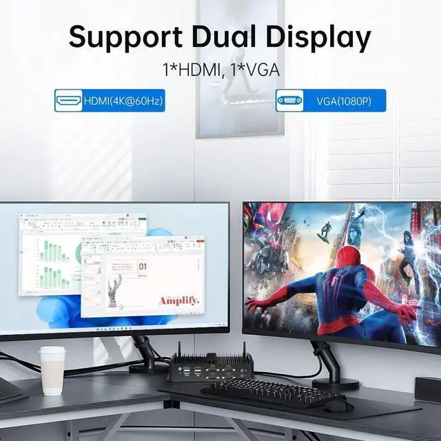 Alt view image 3 of 7 - Industrial PC, Fanless Mini Computer with Core i7-8550U, 16G RAM 256G SSD, Dual 2.5G LAN, 6*COM RS232, Low Power, Support Wake On LAN/Auto Power ON, Wi-Fi 6, 1*HDMI 1*VGA, Windows 11 Pro