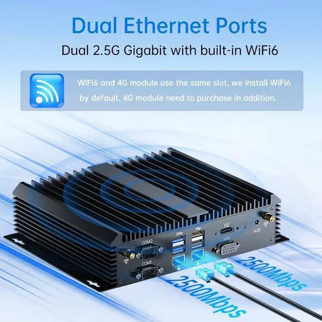Alt view image 6 of 7 - Industrial PC, Fanless Mini Computer with Core i7-8550U, 16G RAM 256G SSD, Dual 2.5G LAN, 6*COM RS232, Low Power, Support Wake On LAN/Auto Power ON, Wi-Fi 6, 1*HDMI 1*VGA, Windows 11 Pro