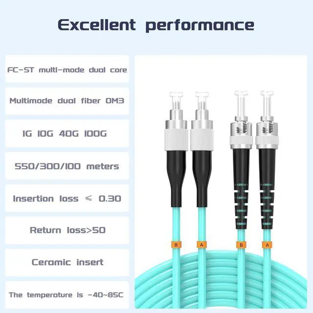 Alt view image 2 of 6 - OM3 FC/UPC to ST/UPC Fiber Patch Cable 10BG Multimode Duplex Jumper 50/125m Optical Patch Cord
