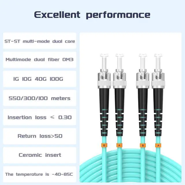 Alt view image 2 of 7 - OM3 Fiber Patch Cable ST/UPC to ST/UPC 10BG/Gigabit Multimode Duplex Jumper 50/125m Optical Patch Cord