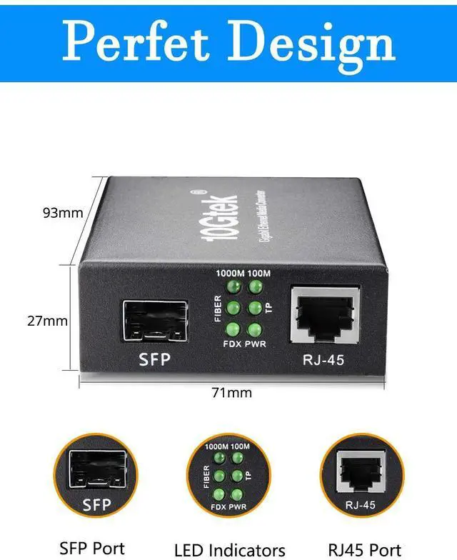 Alt view image 4 of 6 - Fiber to Ethernet Media Converter, Gigabit SFP to RJ45 Fiber Converter,Support Multimode and Single Mode SFP Modules, 10/100/1000M RJ45, Auto-Negotiation