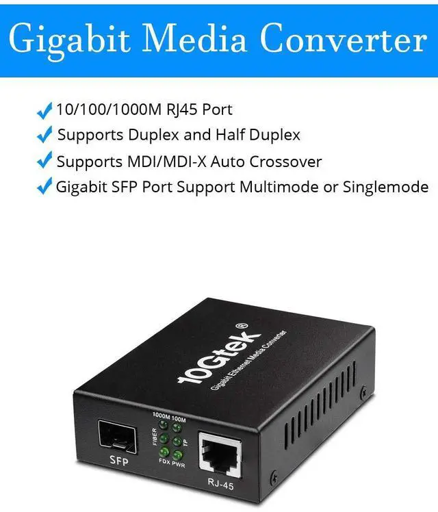 Alt view image 2 of 6 - Fiber to Ethernet Media Converter, Gigabit SFP to RJ45 Fiber Converter,Support Multimode and Single Mode SFP Modules, 10/100/1000M RJ45, Auto-Negotiation