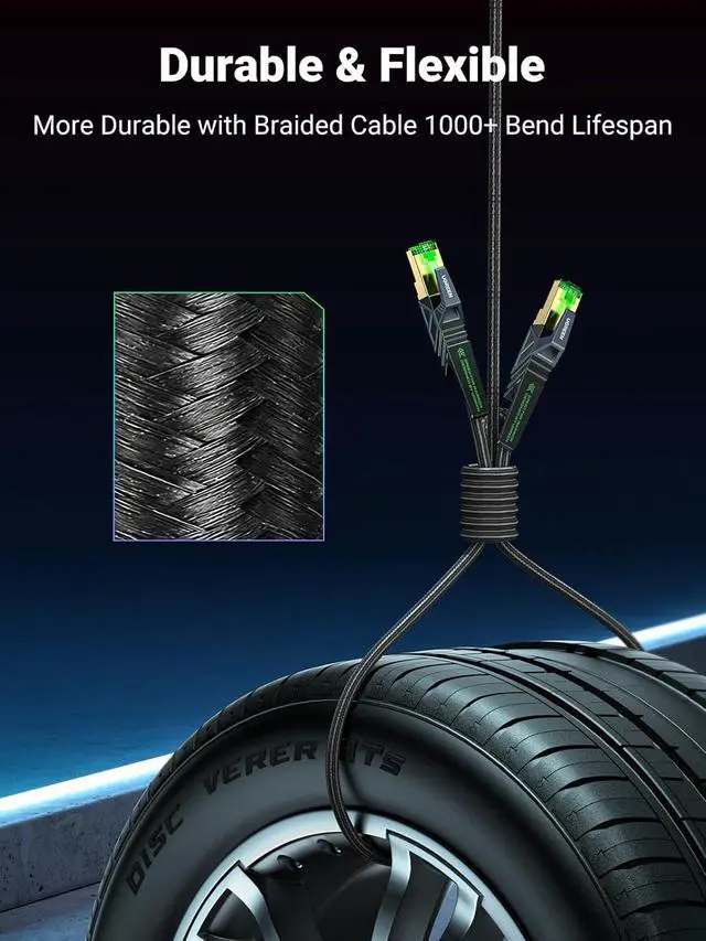 Alt view image 7 of 7 - UGREEN Ethernet Cable, Cat 8 Gaming Ethernet Cable with 40Gbps 2000MHz High-Speed, SF/FTP 26AWG Braided RJ45 Ethernet Cord, Support POE, Compatible with Xbox One Switch PS5 PS4 Modem Router, 5FT