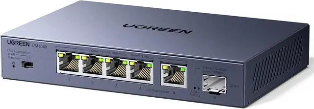 Main image of UGREEN 2.5Gb Switch, 6-Port Ethernet Switch, 5 x 2.5Gb Uplink + 1 x 10Gb SFP+, Standard/Link Aggregation to 5Gbps/VLAN 3 Modes, Plug & Play Unmanaged Splitter, Desktop/Wall Mount, Metal, for NAS, PC