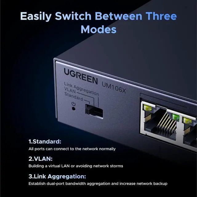 Alt view image 4 of 7 - UGREEN 2.5Gb Switch, 6-Port Ethernet Switch, 5 x 2.5Gb Uplink + 1 x 10Gb SFP+, Standard/Link Aggregation to 5Gbps/VLAN 3 Modes, Plug & Play Unmanaged Splitter, Desktop/Wall Mount, Metal, for NAS, PC