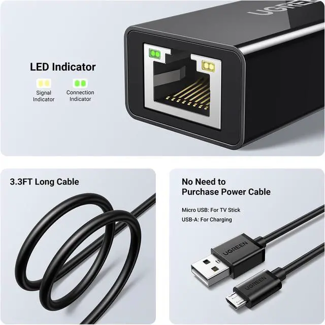Alt view image 6 of 7 - UGREEN Ethernet Adapter for Fire TV Stick, Micro USB to Ethernet Adapter with 3.3 ft Cable & Power Cord, Compatible for Fire Stick Basic/2nd/4k/Lite, Chromecast 1/2/3/Ultra/Audio, Plug & Play, 100Mbps