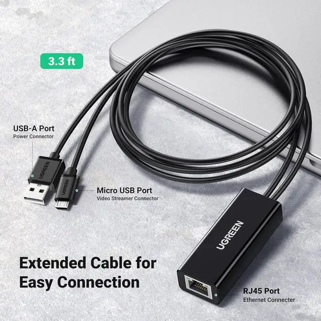 Alt view image 7 of 7 - UGREEN Ethernet Adapter for Fire TV Stick, Micro USB to Ethernet Adapter with 3.3 ft Cable & Power Cord, Compatible for Fire Stick Basic/2nd/4k/Lite, Chromecast 1/2/3/Ultra/Audio, Plug & Play, 100Mbps