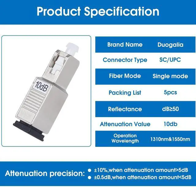 Alt view image 6 of 7 - 5 Pack SC/UPC Fiber Optic Attenuator 10dB, Fixed Single Mode Fiber Optic Attenuator, SC-UPC Male to Female