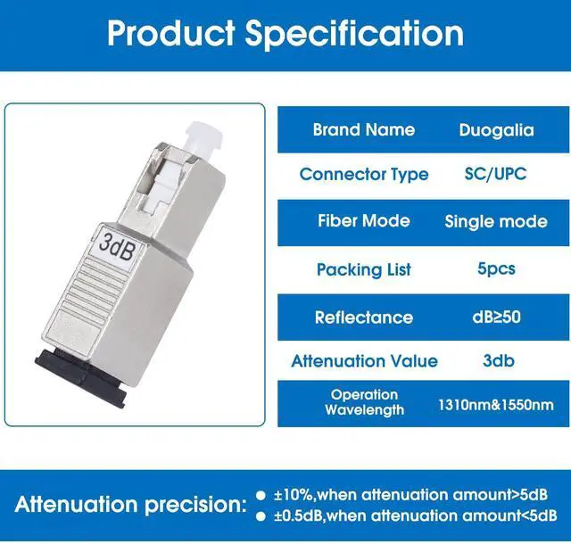 Alt view image 6 of 7 - 5 Pack SC/UPC Fiber Optic Attenuator 3dB, Fixed Single Mode Fiber Optic Attenuator, SC-UPC Male to Female