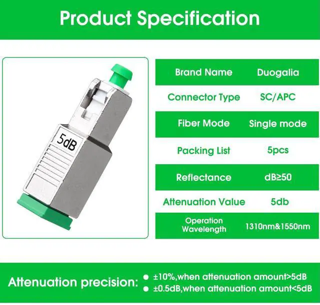Alt view image 6 of 7 - 5 Pack SCAPC Fiber Optic Attenuator 5dB, Fixed Single Mode Fiber Optic Attenuator, SCAPC Male to Female
