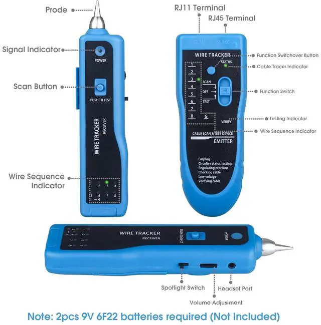 Alt view image 5 of 7 - Network Cable Tester, Multifunction Wire Tester RJ45 RJ11 Cable Tracker for Cable Collation, Network Maintenance Collation, Telephone Line Test with Earphone Toolkit (Blue)