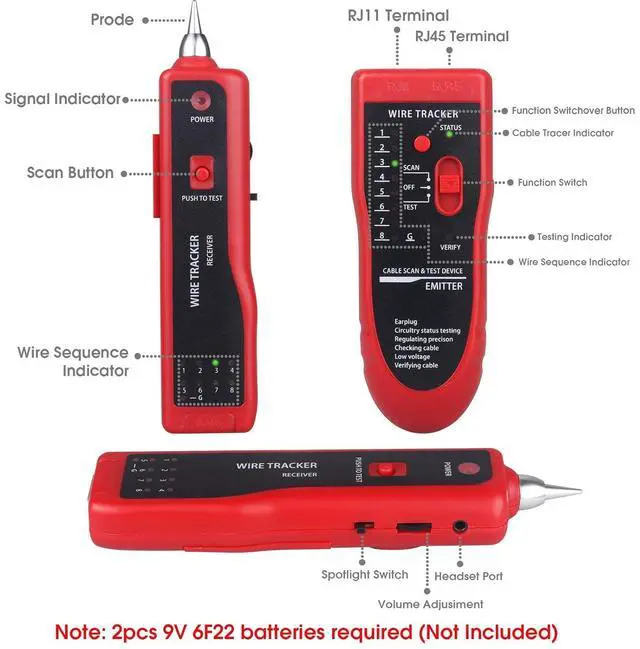 Alt view image 2 of 7 - Network Cable Tester, Multifunction Wire Tester RJ45 RJ11 Cable Tracker for Cable Collation, Network Maintenance Collation, Telephone Line Test with Earphone Toolkit (Red)