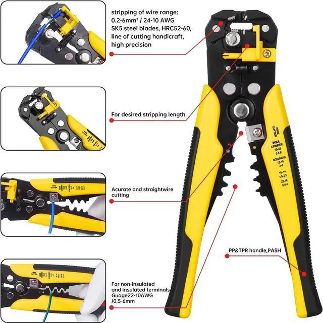 Alt view image 4 of 7 - Wire Stripper, Wire Cutter for Solid and Stranded AWG Wire, Self-adjusting 8-Inch Automatic Wire Stripper, Stripping 10-24 AWG (Yellow)