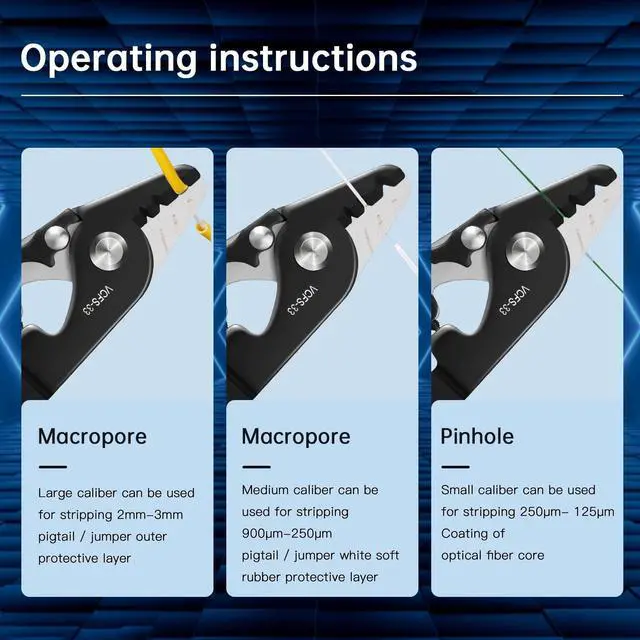 Alt view image 6 of 7 - VCFS-33 Fiber Optic Stripper 3 Port Hole Fiber Optic Stripping Tool with 6" handle - Hex Key Adjustable For Jacket, Buffer, and 125m-250m Coating Stripping(Green)