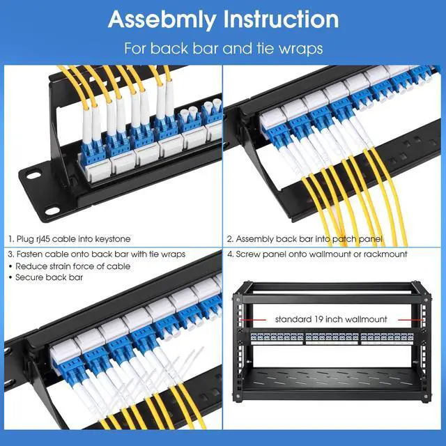 Alt view image 5 of 6 - 1U Rack-Mount Fiber Patch Panel 48Port LC OS2 with LC-UPC Singlemode Fiber Coupler Keystone Jack Modular (Included Rack Screws)