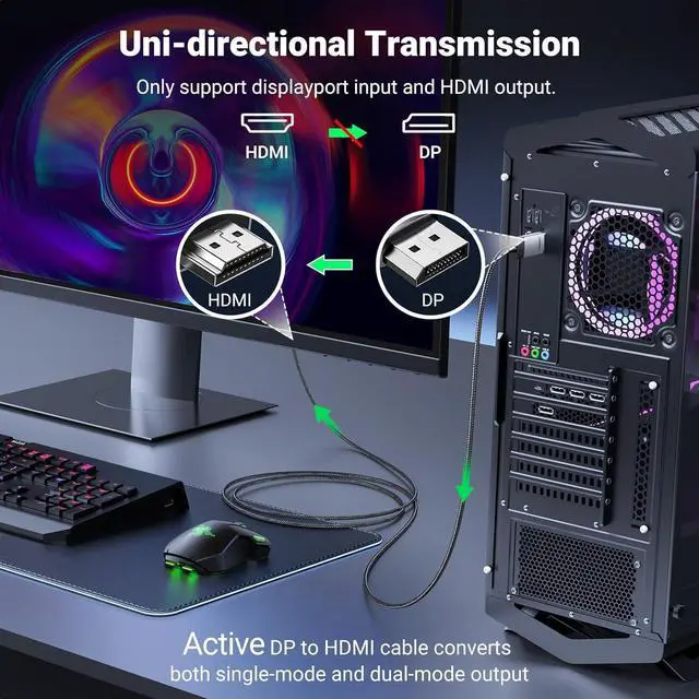 Alt view image 4 of 7 - UGREEN 4K@60Hz DisplayPort to HDMI Cable HDR Active DP 1.2 to HDMI 2.0 Cord Aluminum Braided Uni-Directional Display Port to HDMI Converter  Compatible with Monitor, Projector, Dell, Lenovo, HP, 6.6FT