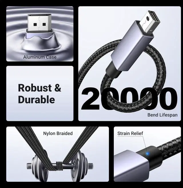 Alt view image 7 of 7 - UGREEN VESA Mini DisplayPort to Display Port 1.4 Cable  8K@60Hz 4K@240Hz 32.4Gbps Bi-Directional DisplayPort to Mini DP Cord HDR HDCP2.3 for Thunderbolt 2/1 MacBook GSync FreeSync Monitor 1.5M