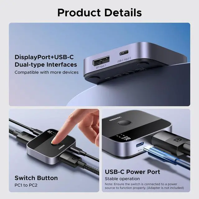 Alt view image 5 of 7 - UGREEN 8K@60Hz DisplayPort+USB C Switch 2 in 1 Out DP 1.4 Out Ultra HD Supports 4K@240Hz 3D HDR10+ HDCP2.3 USB-C+DisplayPort Switcher Compatible with Laptops, Computers, Desktop, Steam Deck