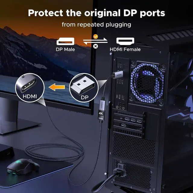 Alt view image 4 of 7 - UGREEN 4K DisplayPort to HDMI Adapter, Unidirectional DP 1.2 PC to HDMI 1.4 Converter Braided Cable Male to Female for Desktop, Projector, Monitor, Compatible with AMD, NVIDIA, Passive